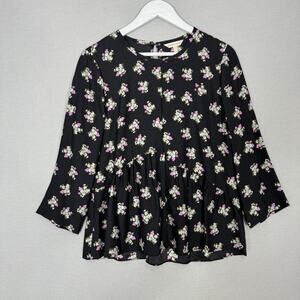 Rebecca Taylor Mini Rosa Silk Peplum Blouse Womens 10 Black Floral Cottage Boho